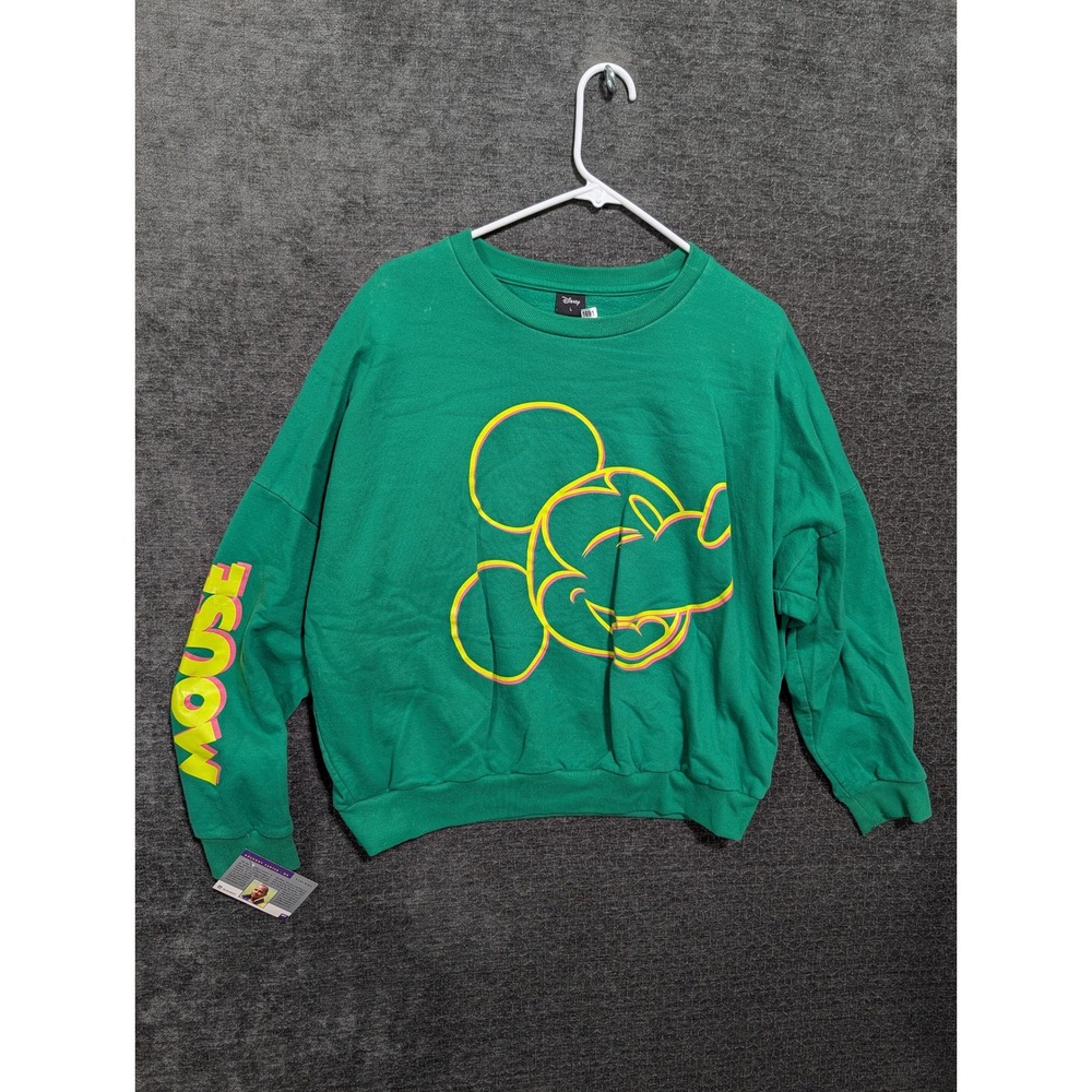 Disney Mickey Mouse Green Graphic Sweatshirt Neon Sleeve Print Mens Large 1691